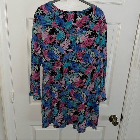 Pink Flamingo Blue Colorful Tropical Print Dress cotton long sleeve XL - Picture 3 of 5